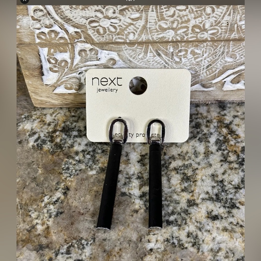 Silver Black Faux Leather Bar Dangle Earrings